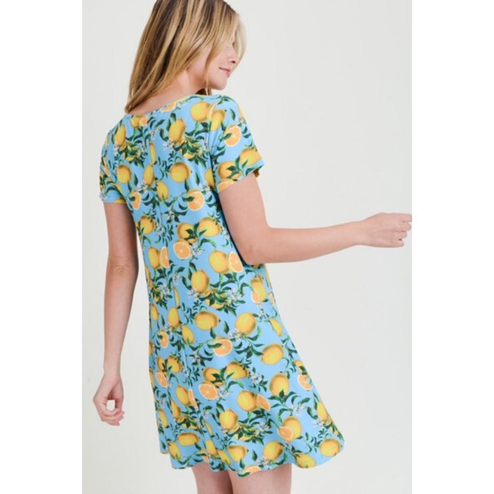 Womens Blue Lemon Print Fit And Flare Summer Dress - Picture 5 of 7